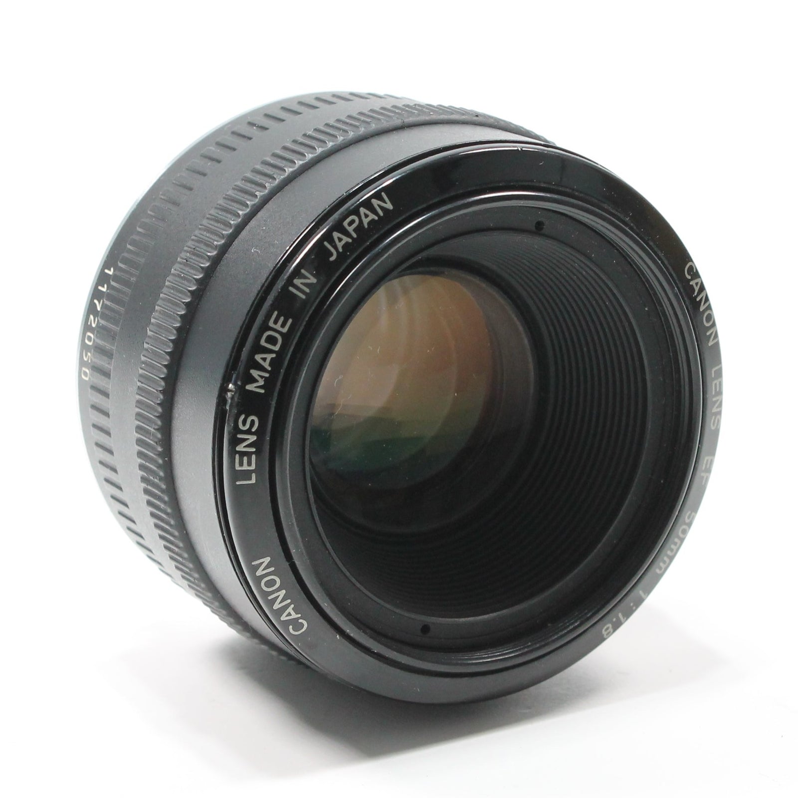 ClubCamera.com Canon EF 50mm f/1.8 side angle showing Made in Japan engraving and matte black finish