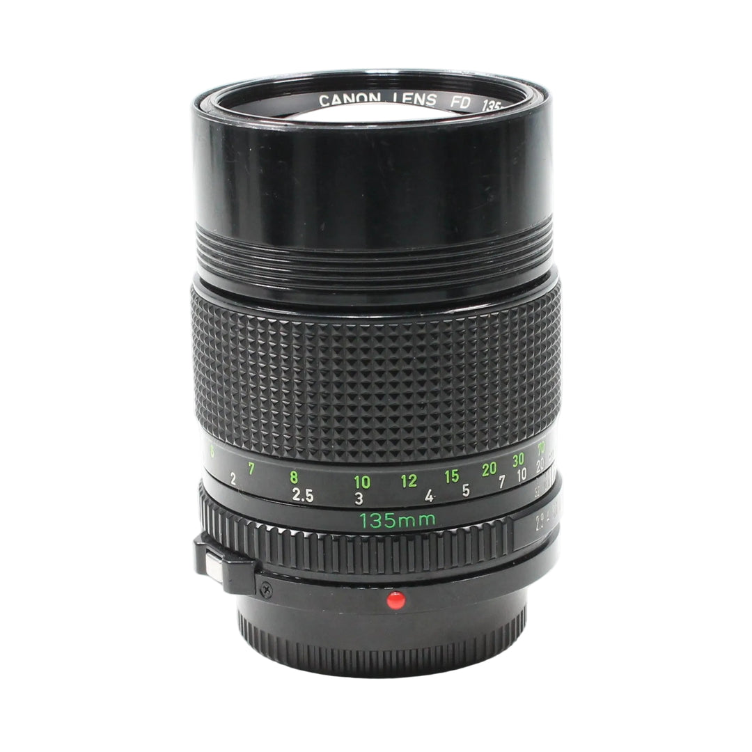 ClubCamera vintage black Canon FD 135mm f/2.8 manual focus lens full length with green aperture scale