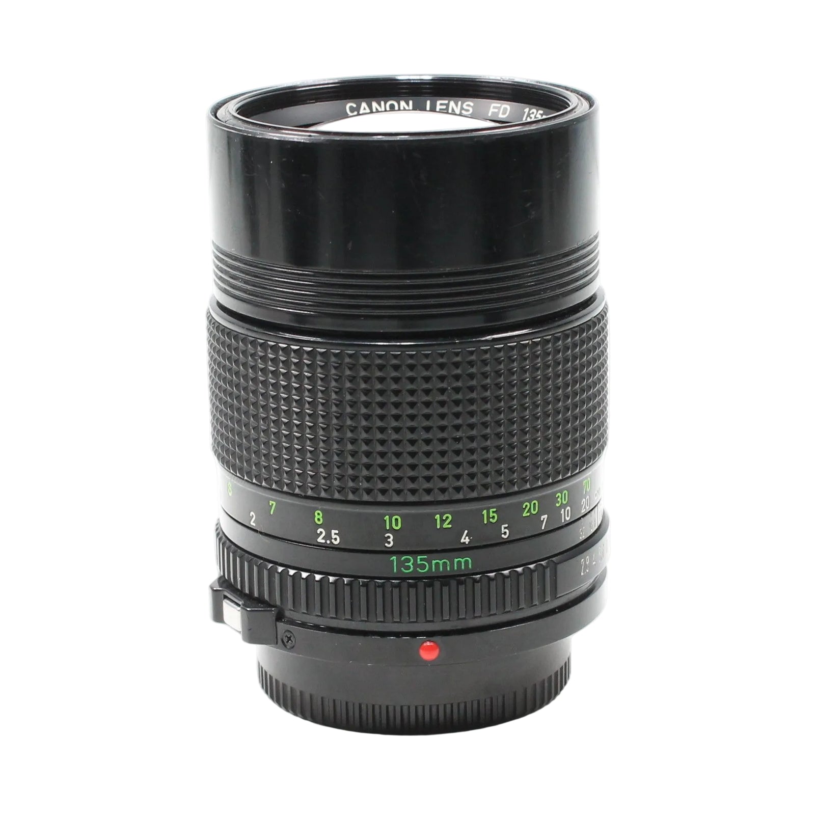 ClubCamera vintage black Canon FD 135mm f/2.8 manual focus lens full length with green aperture scale