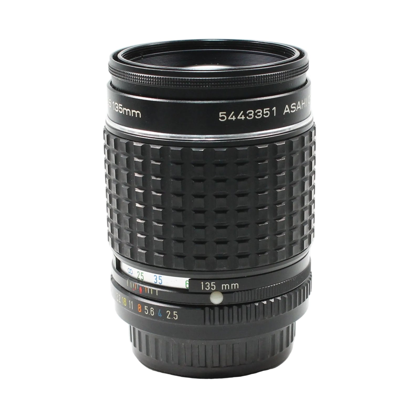 Front view of Pentax 135mm f/2.8 telephoto prime lens with depth-of-field scale at ClubCamera.com