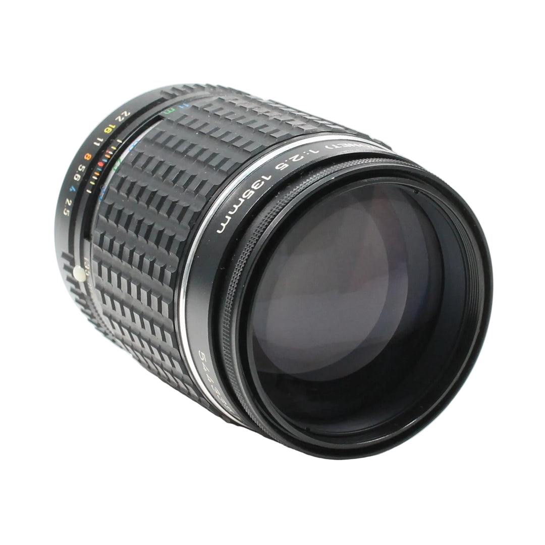 Pentax SMC 135mm f/2.8 manual focus lens at ClubCamera.com showing textured knurled rings and vintage black finish
