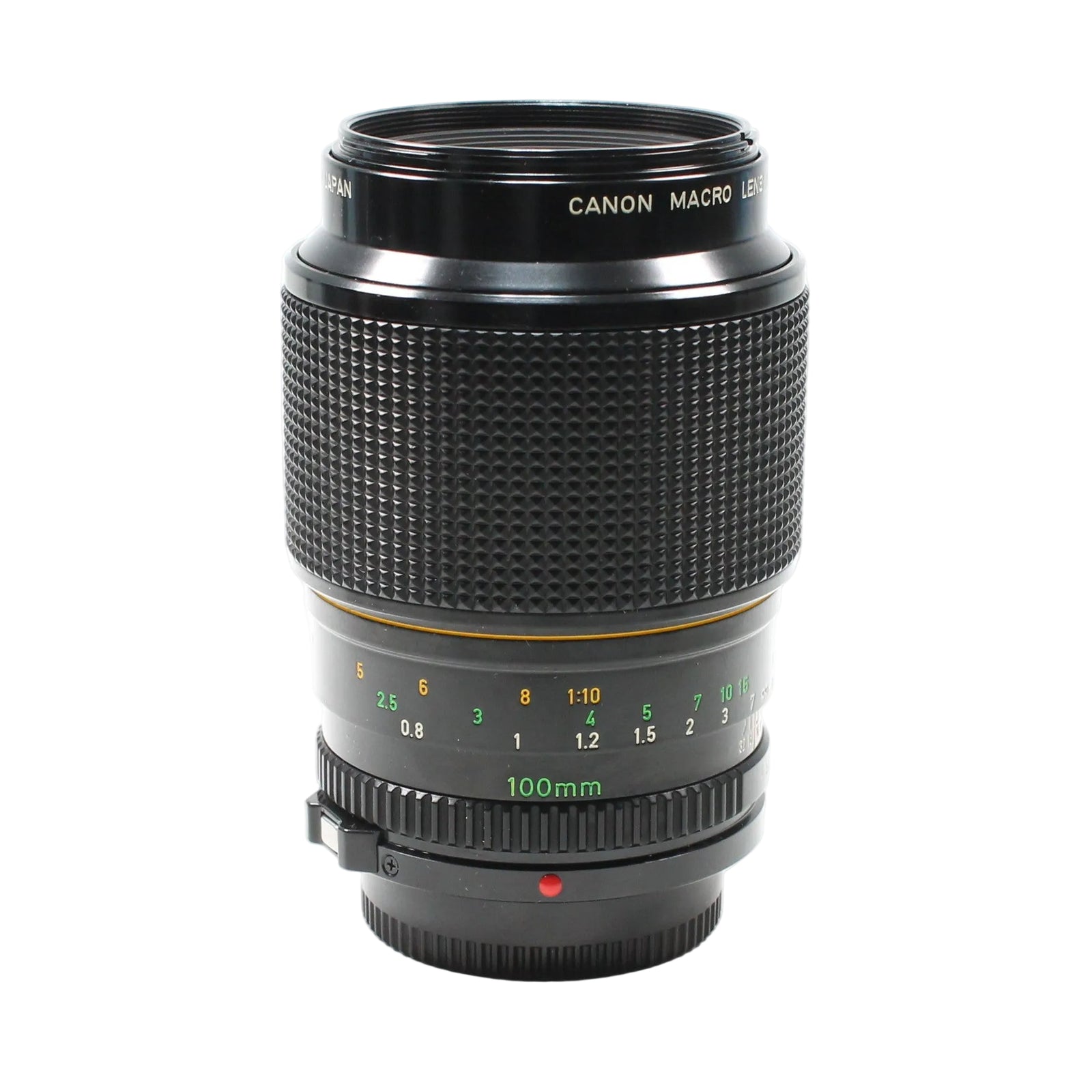 ClubCamera.com Canon FD 100mm macro lens front view with distance scale and red alignment dot