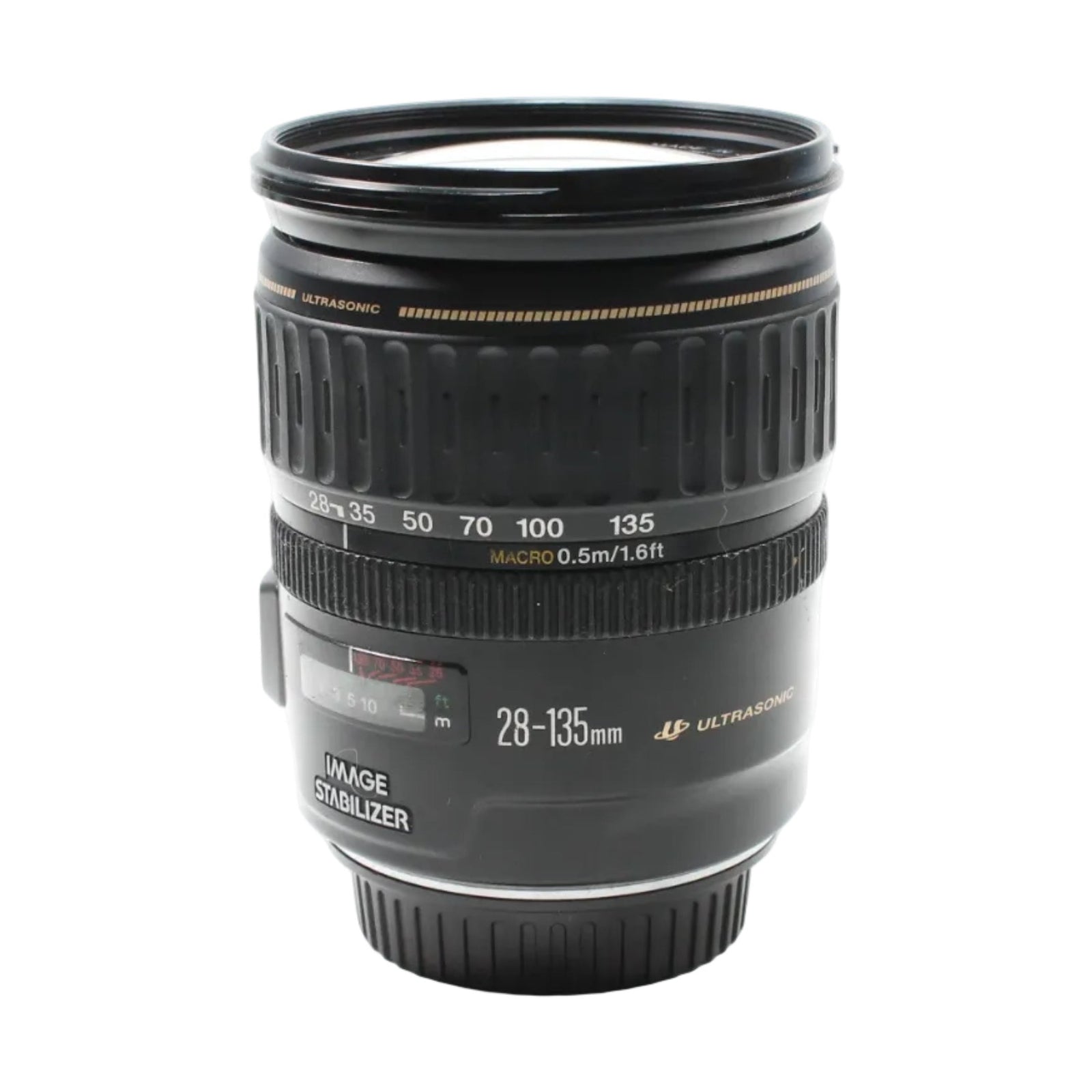 ClubCamera.com Canon EF 28-135mm zoom lens side profile showing Macro 0.5m marking and ribbed focus grip