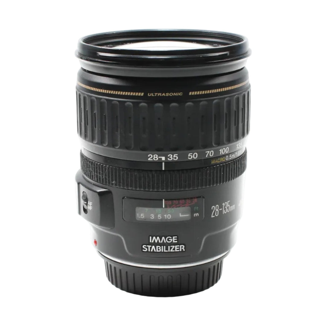 Canon EF 28-135mm f/3.5-5.6 IS USM lens by ClubCamera.com with gold Ultrasonic text and Image Stabilizer label
