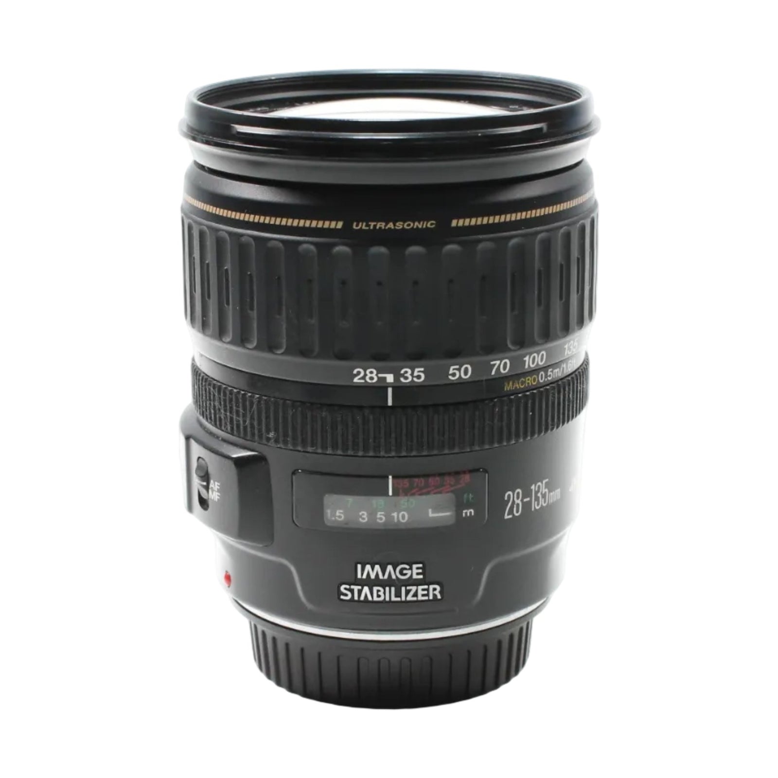 Canon EF 28-135mm f/3.5-5.6 IS USM lens by ClubCamera.com with gold Ultrasonic text and Image Stabilizer label