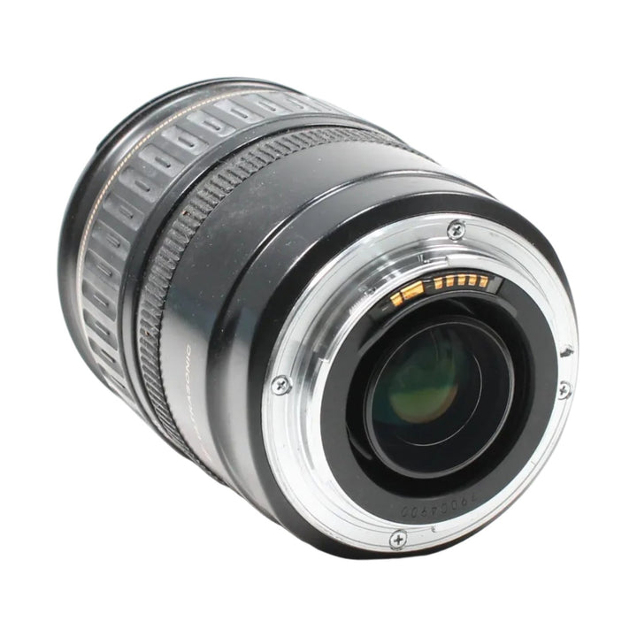 Low angle shot of Canon EF 28-135mm lens at ClubCamera.com highlighting 72mm filter thread and Made in Japan text