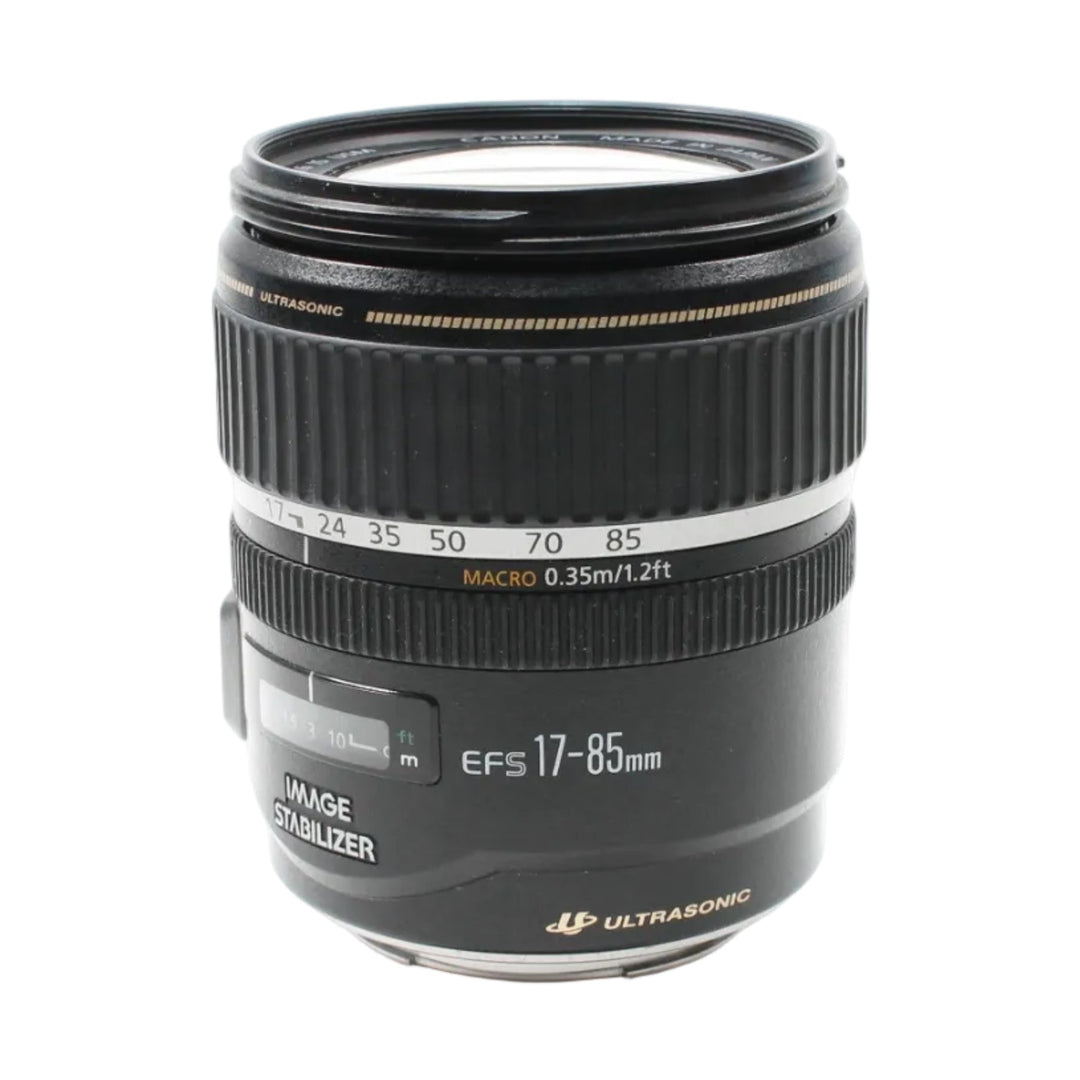 Black Canon EF-S 17-85mm f/4-5.6 IS USM lens front view showing silver focal length scale and orange Macro label at ClubCamera.com