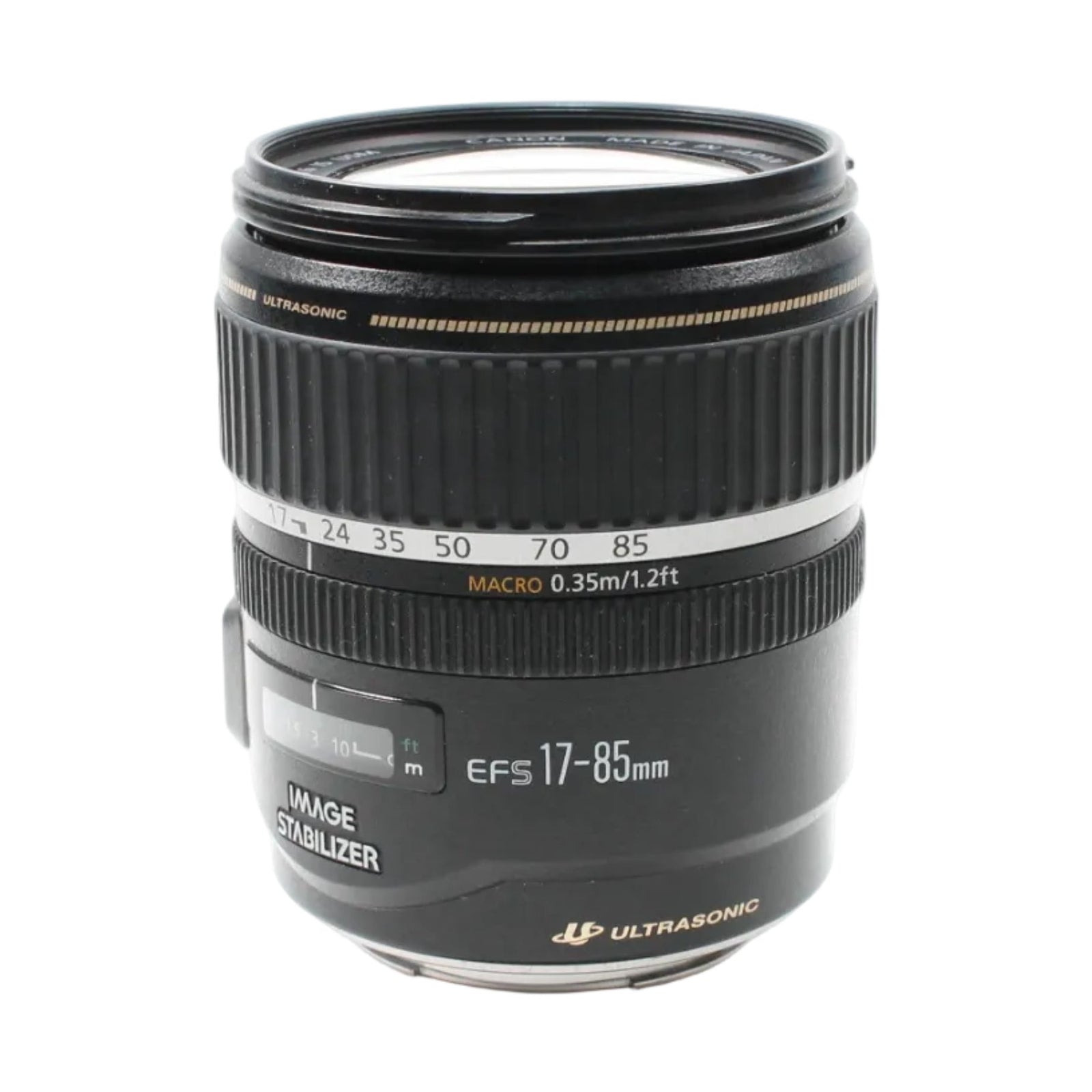 Black Canon EF-S 17-85mm f/4-5.6 IS USM lens front view showing silver focal length scale and orange Macro label at ClubCamera.com