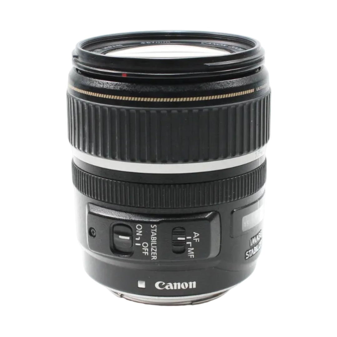 Black Canon EF-S 17-85mm f/4-5.6 IS USM lens control panel featuring Stabilizer ON/OFF switch and AF/MF toggle sold by ClubCamera.com