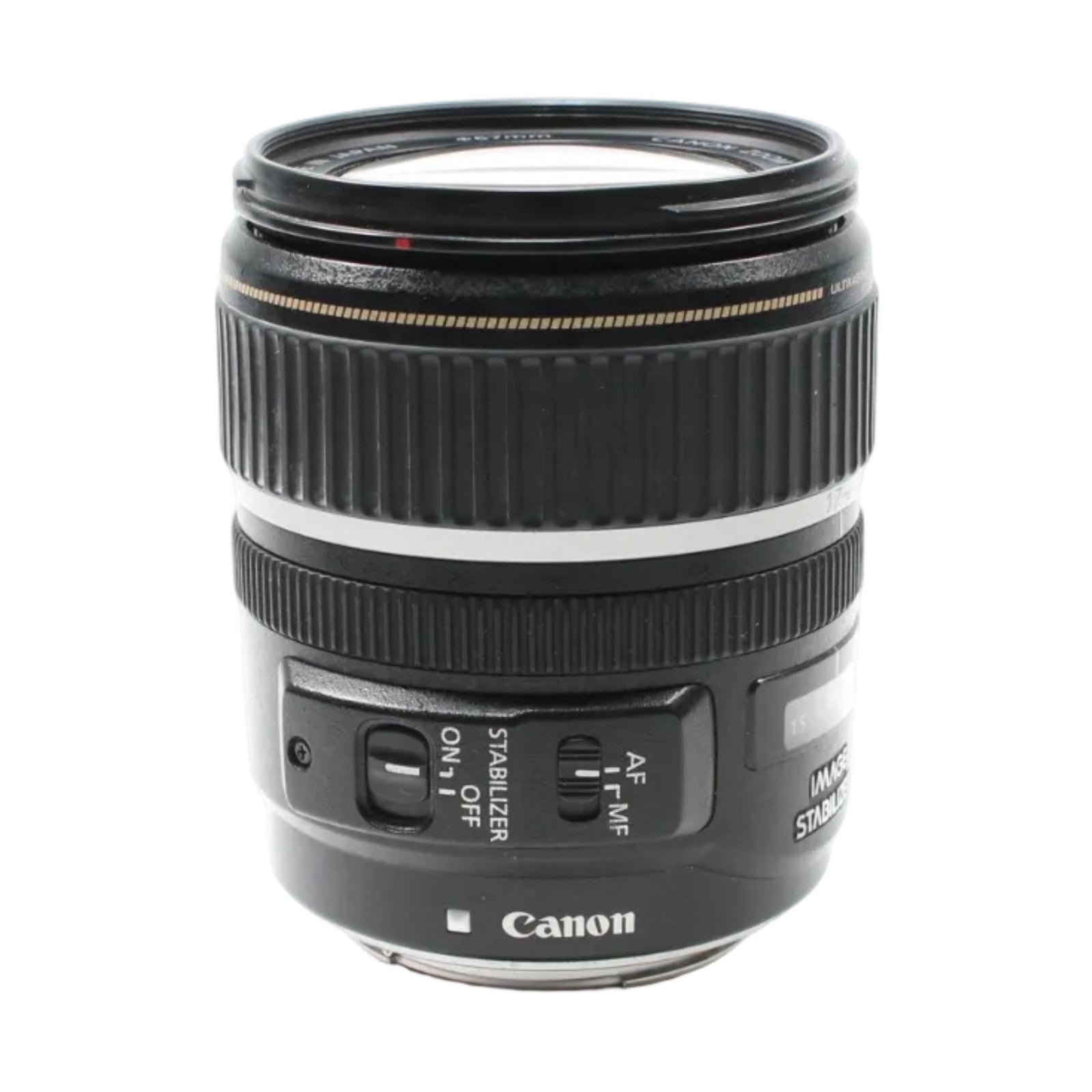Black Canon EF-S 17-85mm f/4-5.6 IS USM lens control panel featuring Stabilizer ON/OFF switch and AF/MF toggle sold by ClubCamera.com