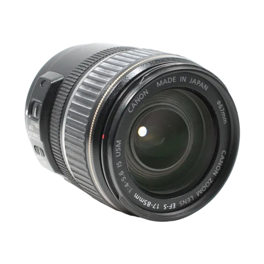 Canon EF-S 17-85mm f/4-5.6 IS USM lens side profile with textured focus ring and gold accent by ClubCamera.com