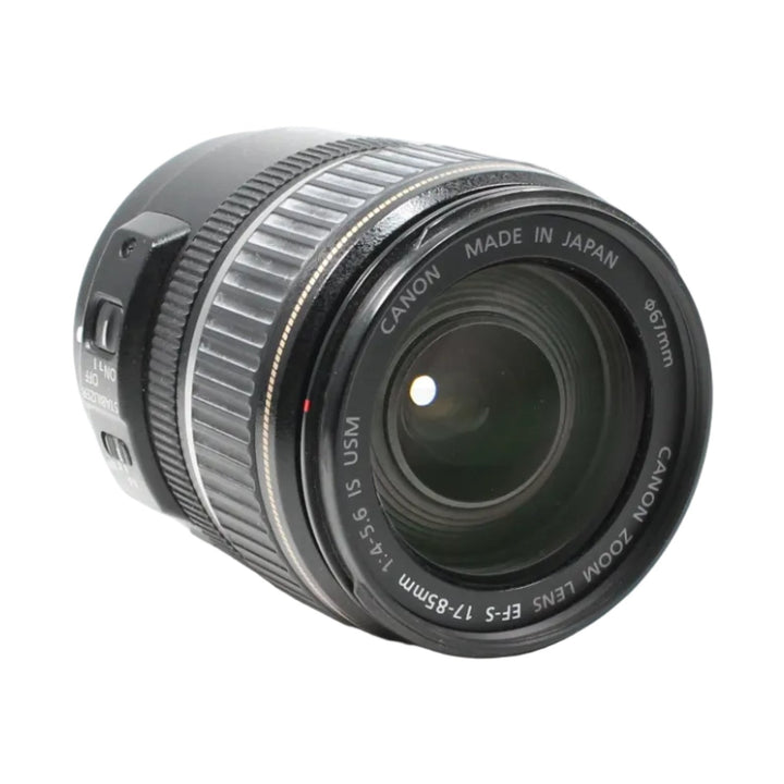 Canon EF-S 17-85mm f/4-5.6 IS USM lens side profile with textured focus ring and gold accent by ClubCamera.com