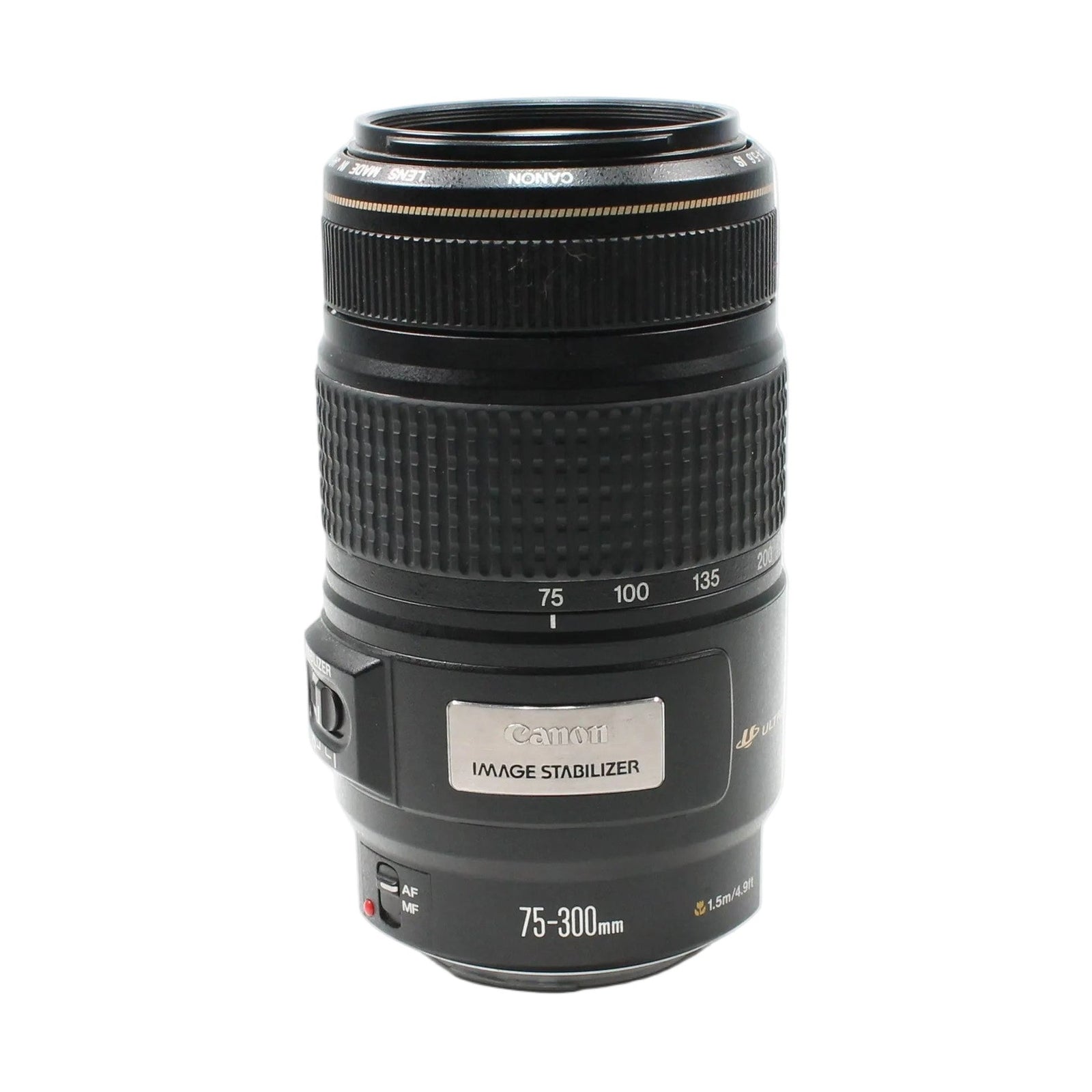 ClubCamera.com Canon EF 75-300mm IS USM lens front view displaying Image Stabilizer plate and focal length scale