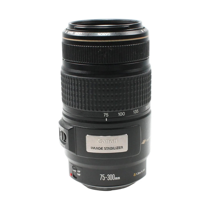 ClubCamera.com Canon EF 75-300mm IS USM lens front view displaying Image Stabilizer plate and focal length scale