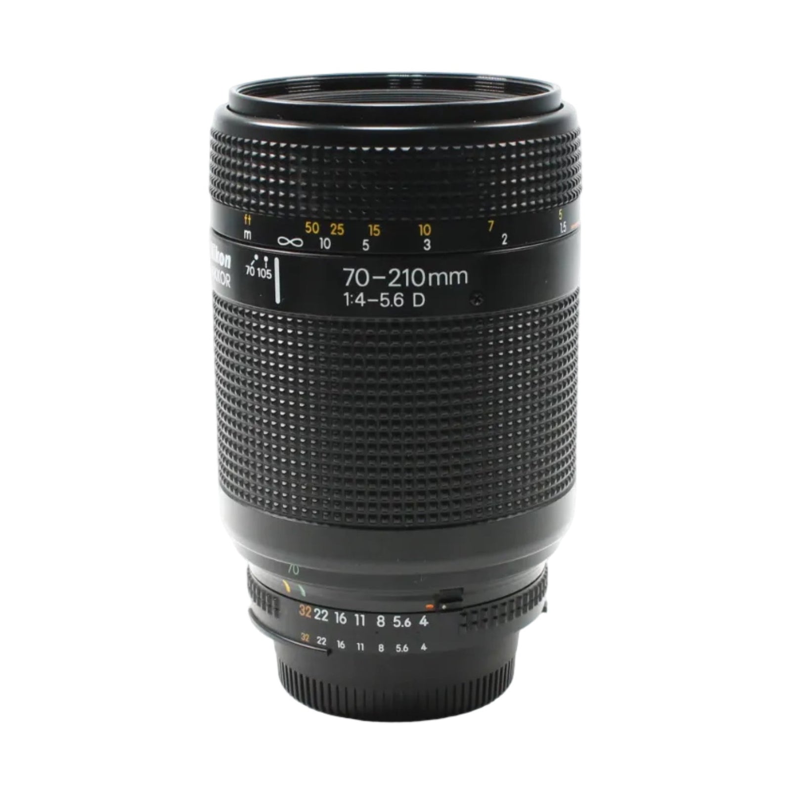 Full shot of Nikon AF Nikkor 70-210mm f/4-5.6D telephoto zoom lens with yellow markers and silver mount from ClubCamera.com