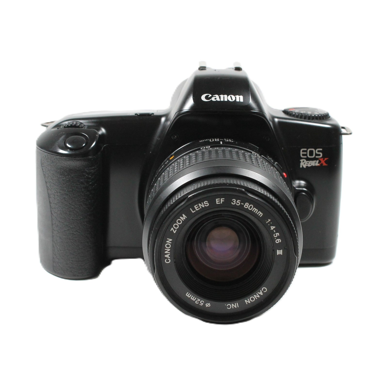 Front view of black Canon EOS Rebel X film camera with manual focus ring at ClubCamera.com