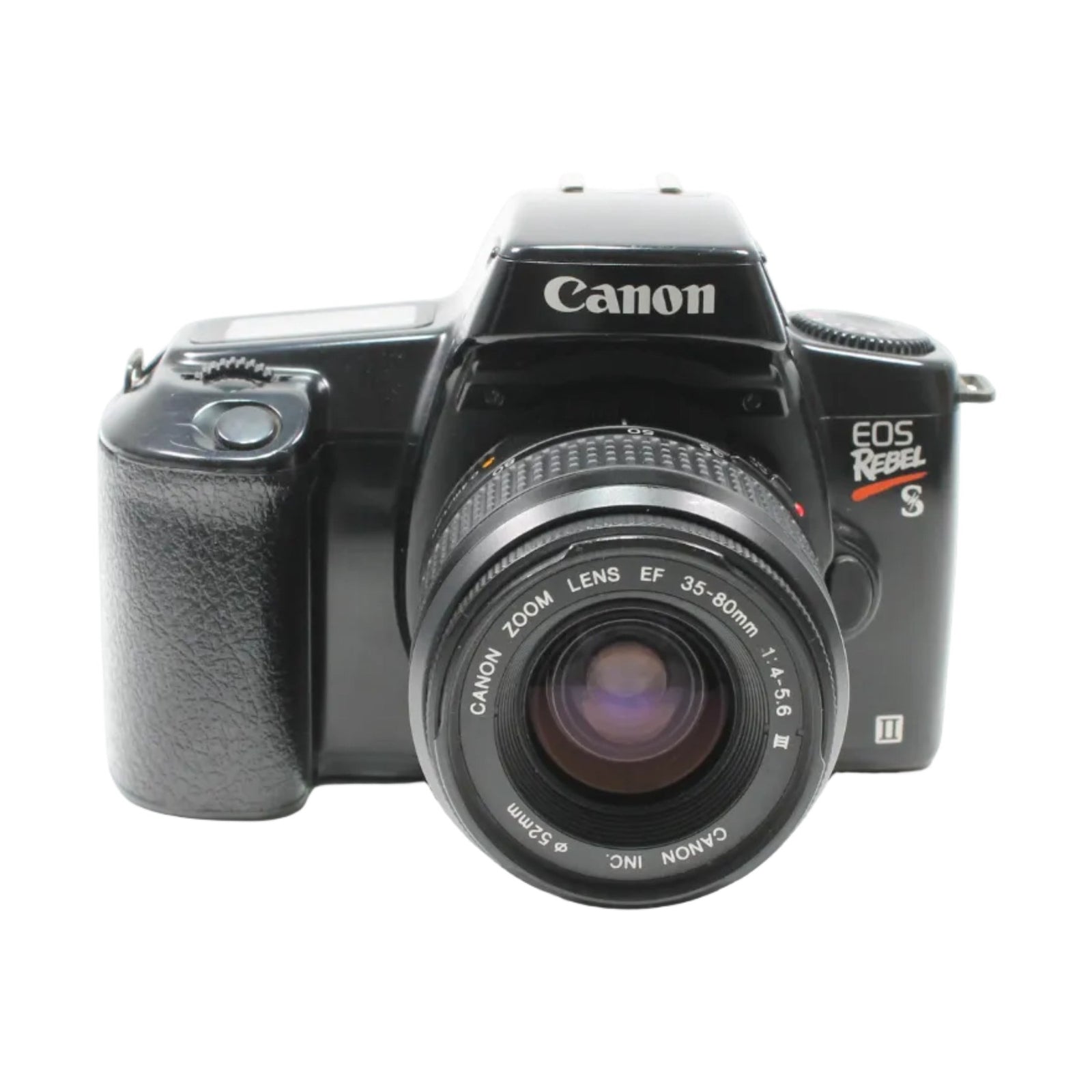ClubCamera.com front-facing black Canon EOS Rebel S II 35mm SLR with pebbled rubberized grip and engraved lens specs