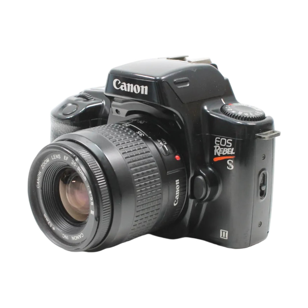 ClubCamera.com front-three-quarter black Canon EOS Rebel S II with 35-80mm EF zoom lens showing white orange lettering