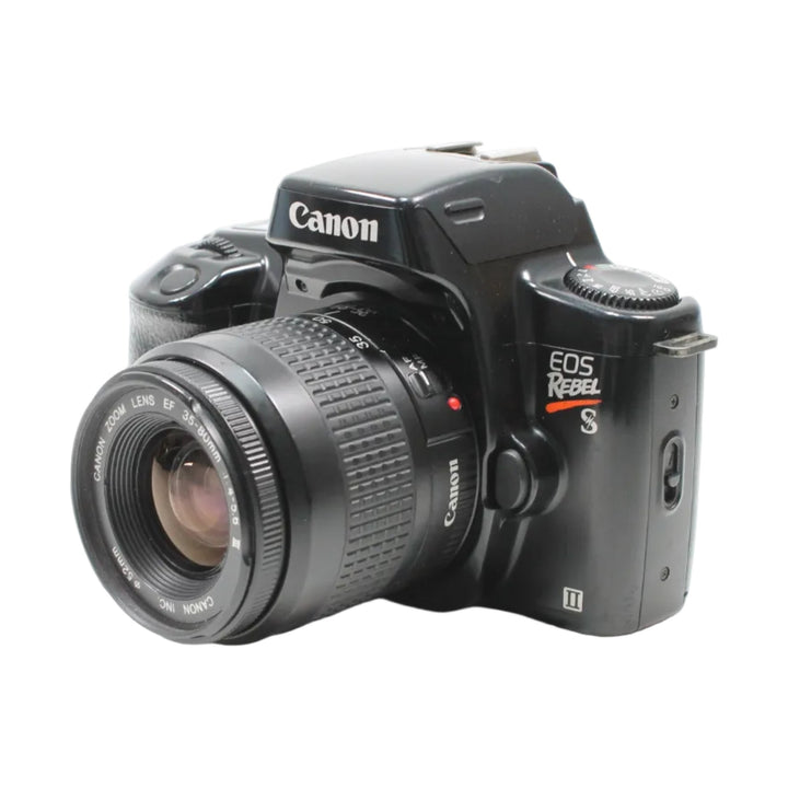ClubCamera.com front-three-quarter black Canon EOS Rebel S II with 35-80mm EF zoom lens showing white orange lettering