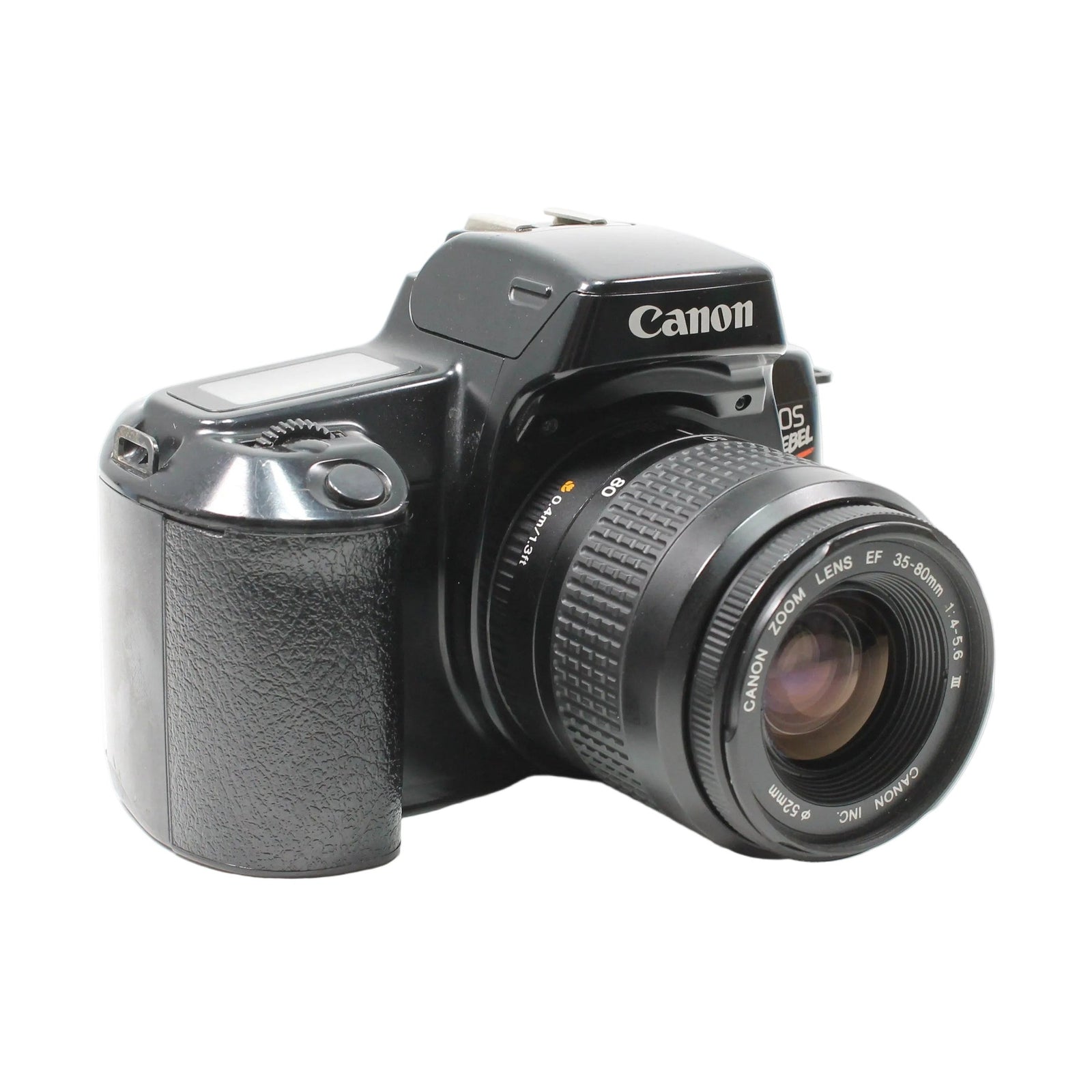 ClubCamera.com diagonal shot of black Canon EOS Rebel S II highlighting textured left-side grip and 35-80mm lens aperture details