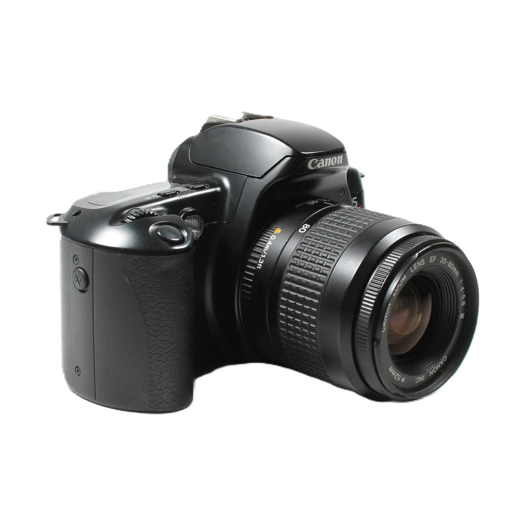 Side profile of Canon EOS Rebel XS highlighting pebbled rubber grip