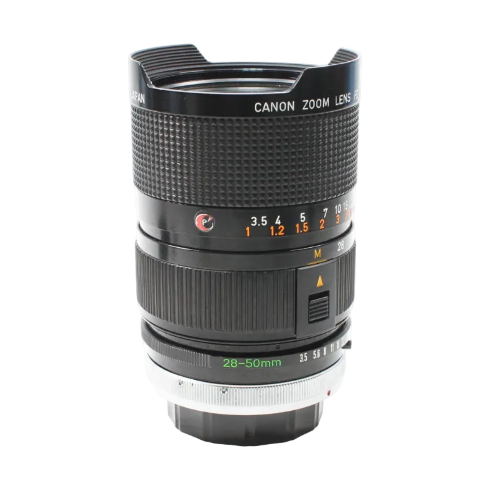 Front shot of black Canon FD 28-50mm zoom lens with textured grip and white lettering at ClubCamera.com