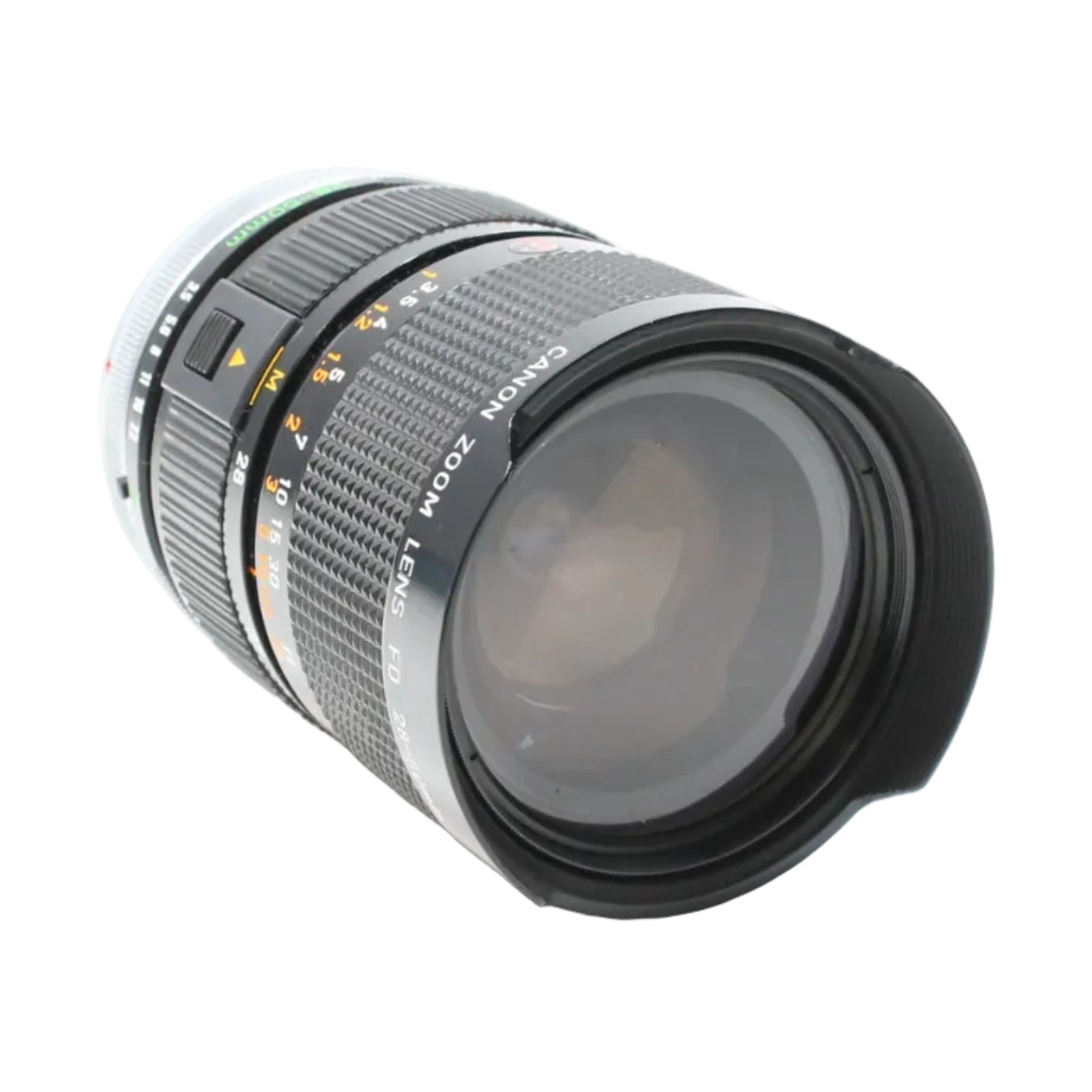 Canon FD 28-50mm f/3.5 lens with petal hood and orange aperture scale at ClubCamera.com