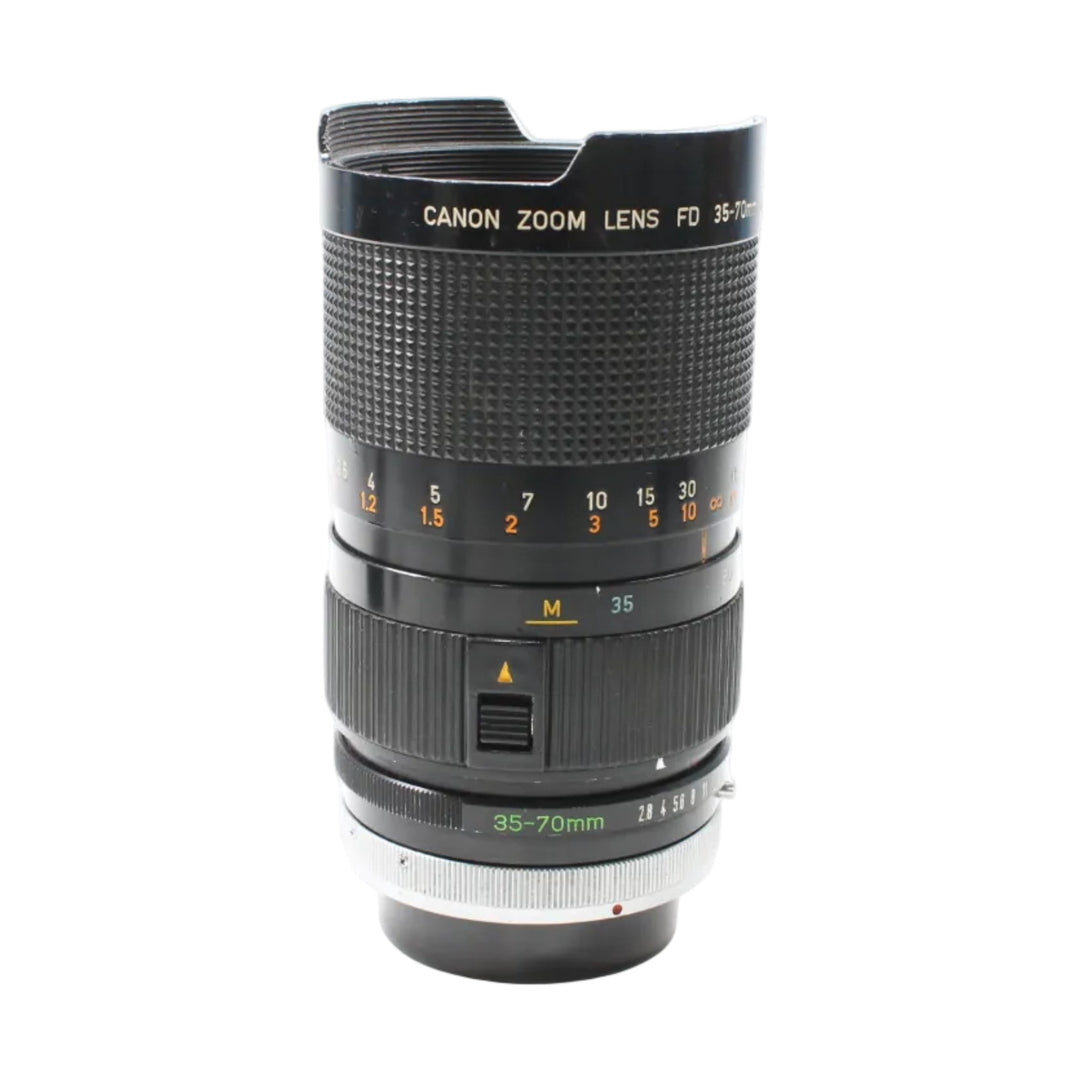 Canon FD 35-70mm f/2.8-3.5 S.S.C. manual focus zoom lens by ClubCamera with gold engraved markings and textured grip