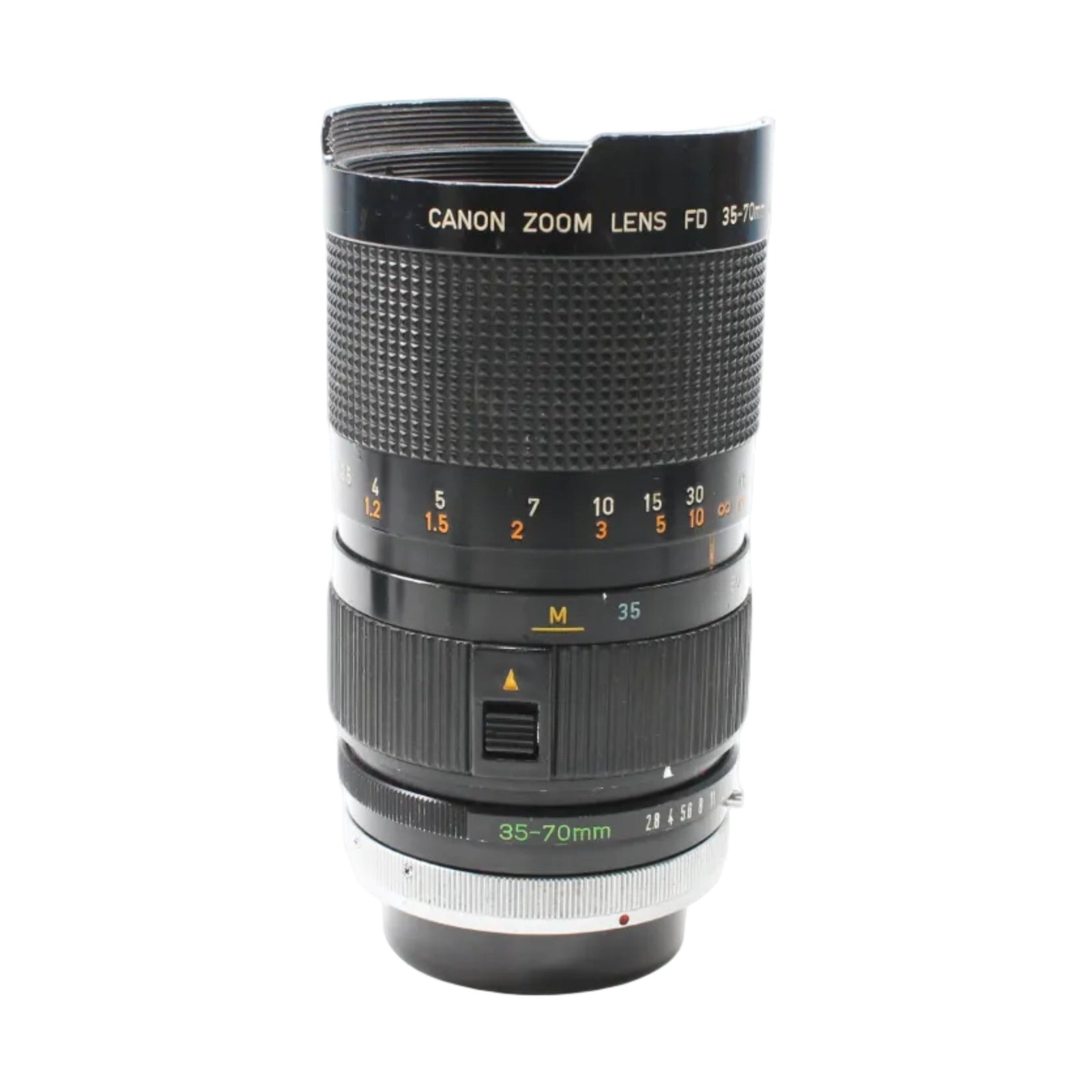 Canon FD 35-70mm f/2.8-3.5 S.S.C. manual focus zoom lens by ClubCamera with gold engraved markings and textured grip