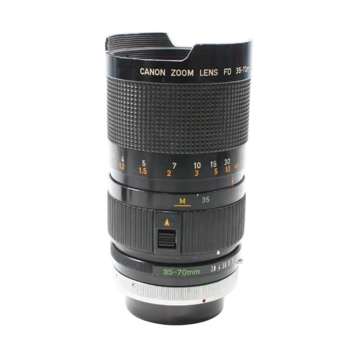 Canon FD 35-70mm f/2.8-3.5 S.S.C. manual focus zoom lens by ClubCamera with gold engraved markings and textured grip