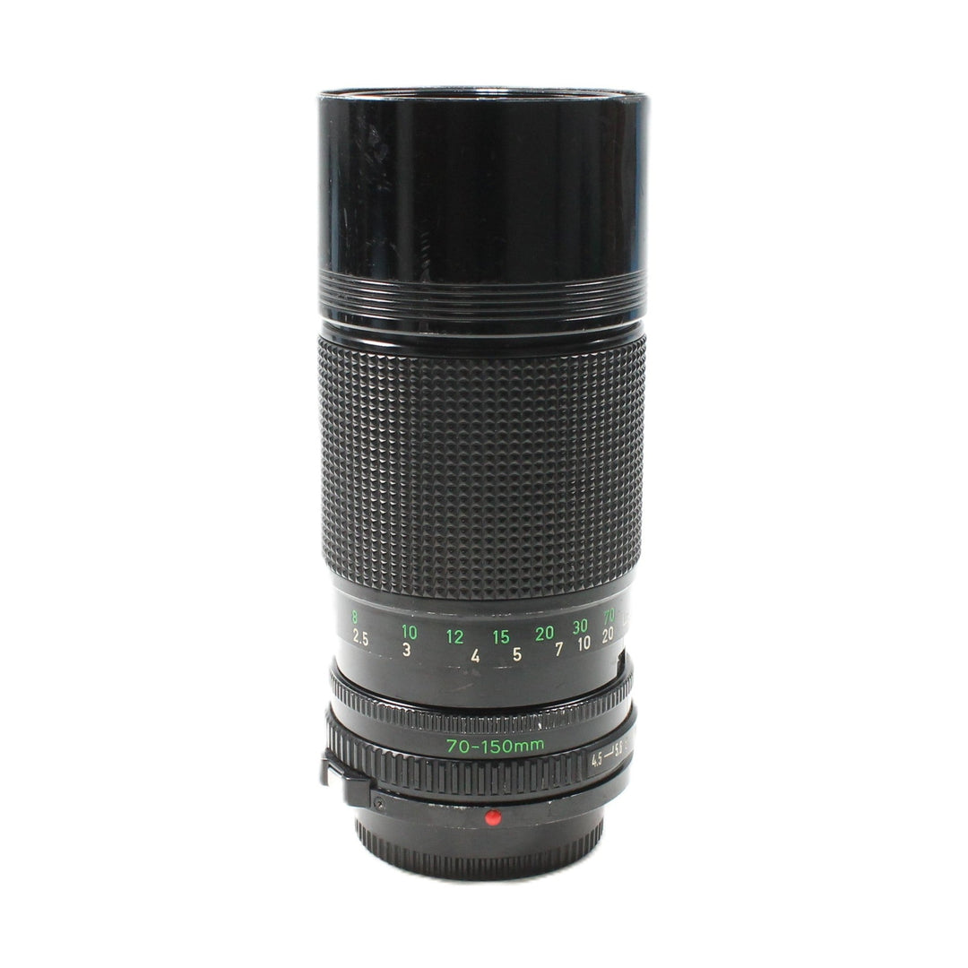 Canon FD 70-150mm f/4.5 manual focus telephoto zoom lens by ClubCamera.com with textured knurled rings and green white markings
