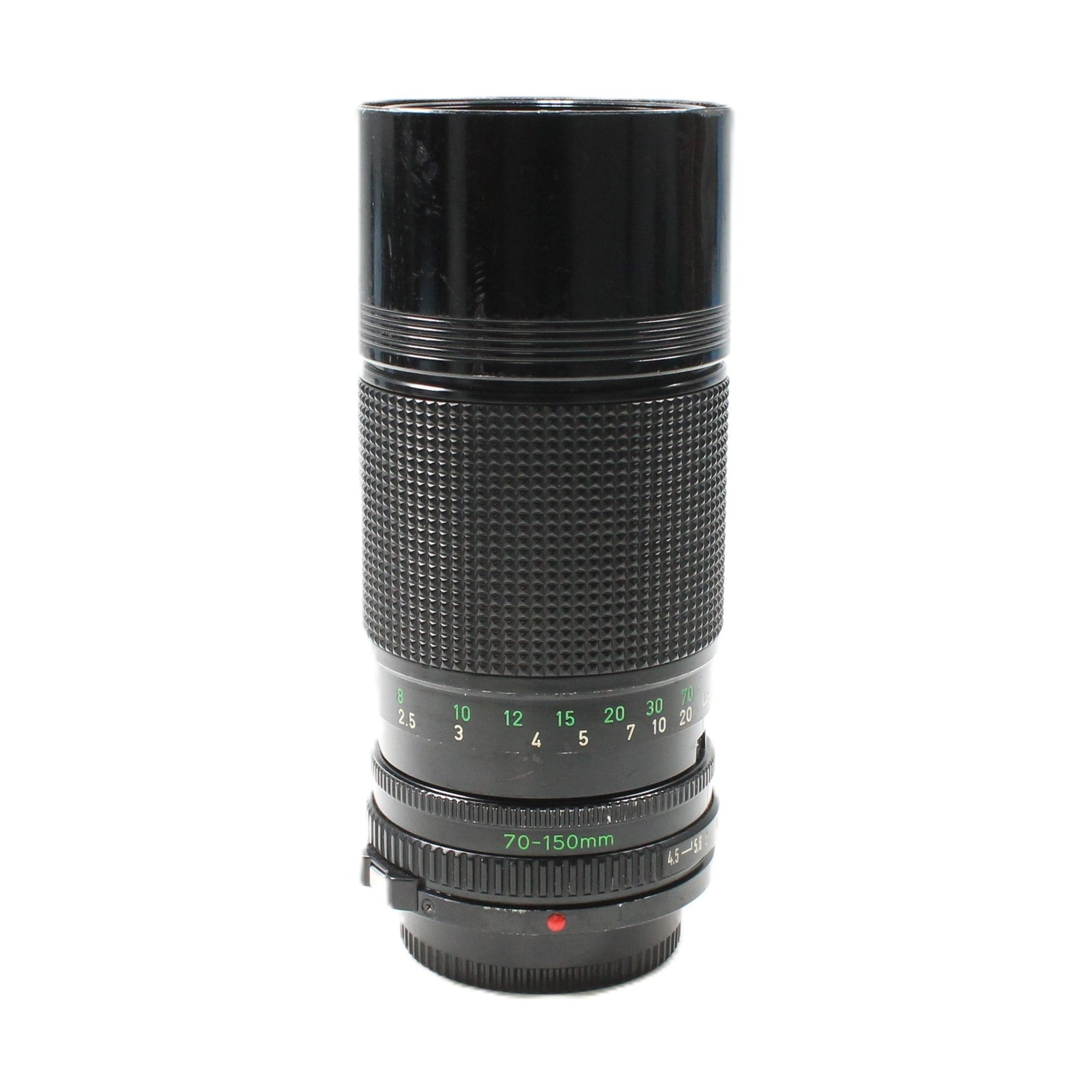 Canon FD 70-150mm f/4.5 manual focus telephoto zoom lens by ClubCamera.com with textured knurled rings and green white markings