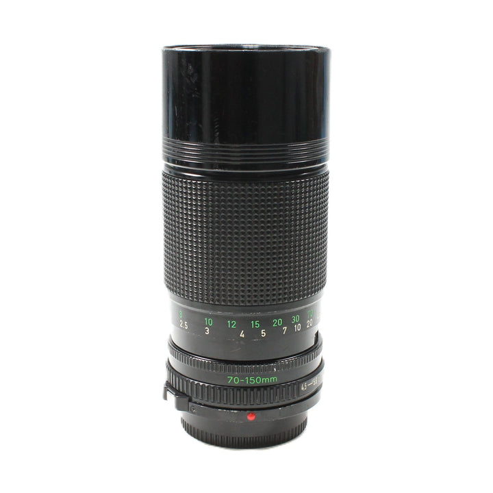 Canon FD 70-150mm f/4.5 manual focus telephoto zoom lens by ClubCamera.com with textured knurled rings and green white markings