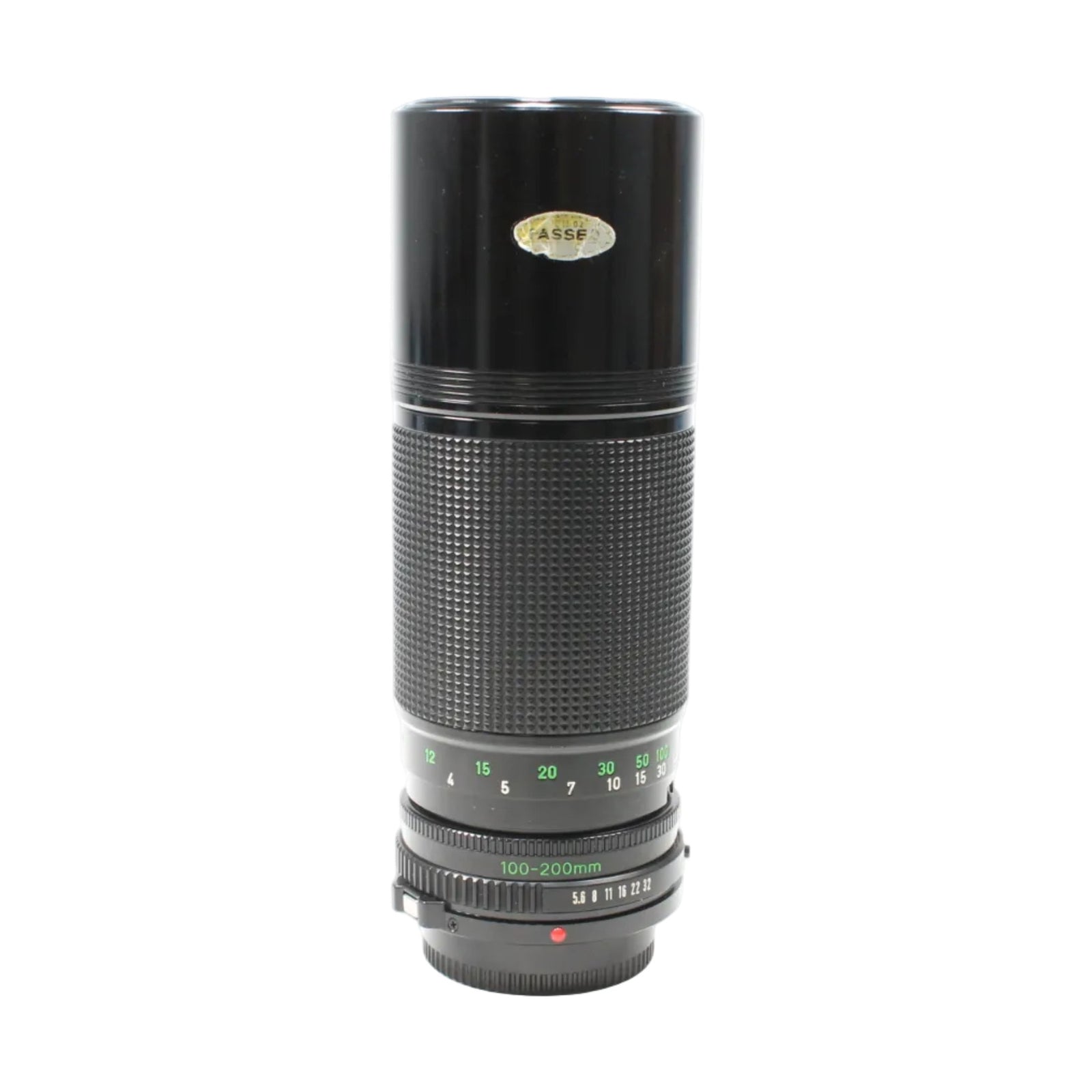 Black Canon FD 100-200mm f/5.6 MF lens from ClubCamera.com showing green focal length scale and diamond-pattern grip