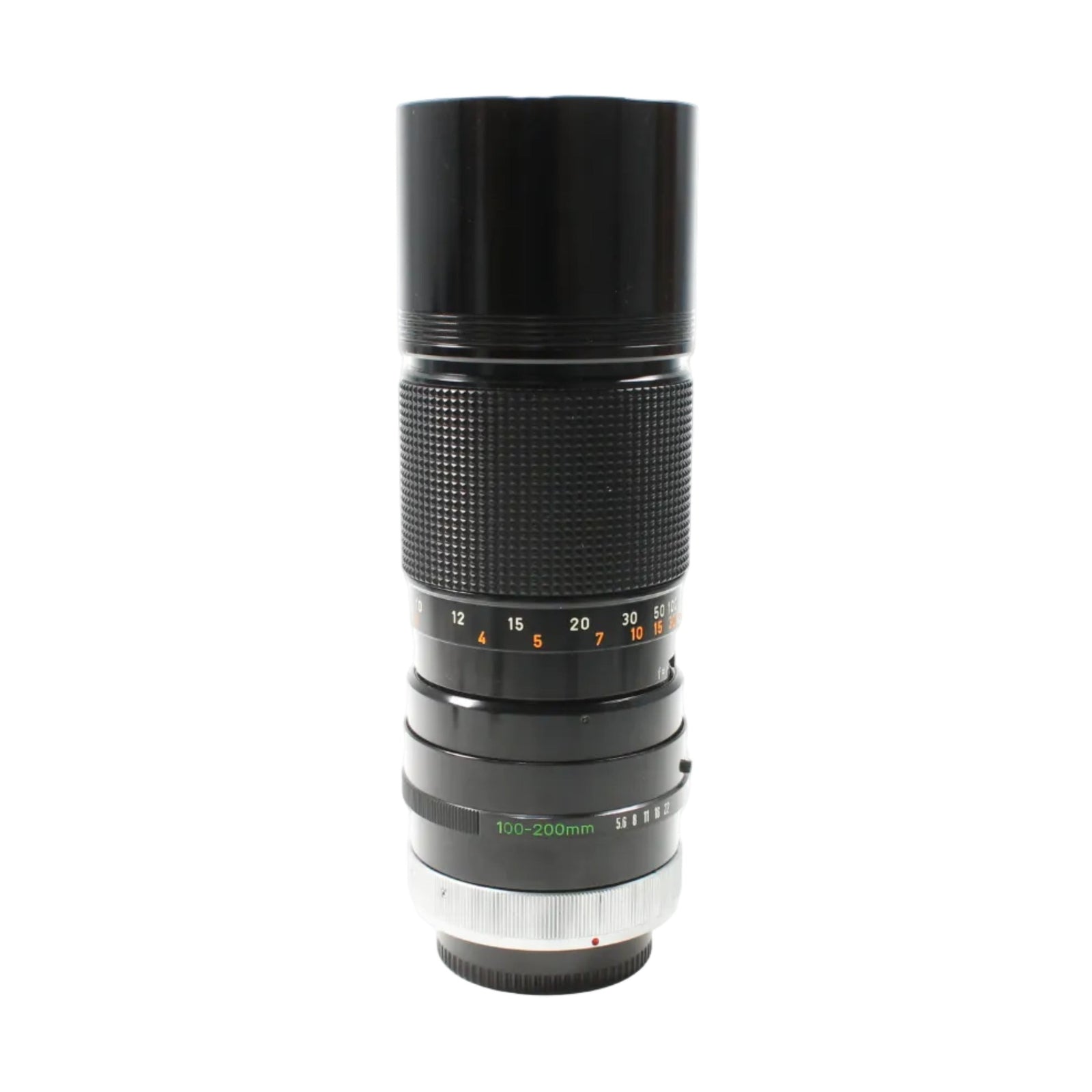 ClubCamera vintage black Canon FD 100-200mm f/5.6 manual focus lens with diamond grip and red dot