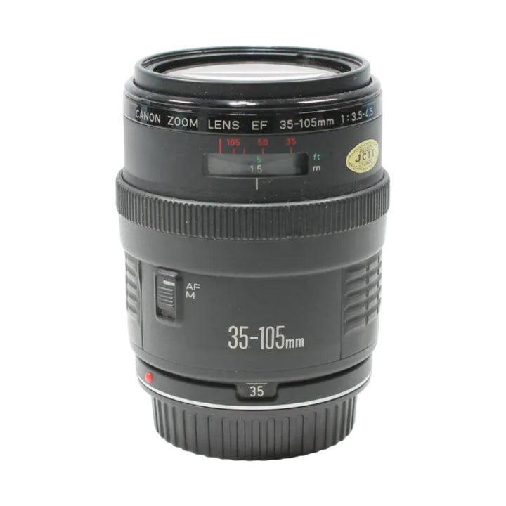 ClubCamera black Canon EF 35-105mm f/3.5-4.5 lens front showing distance scale and JCU sticker