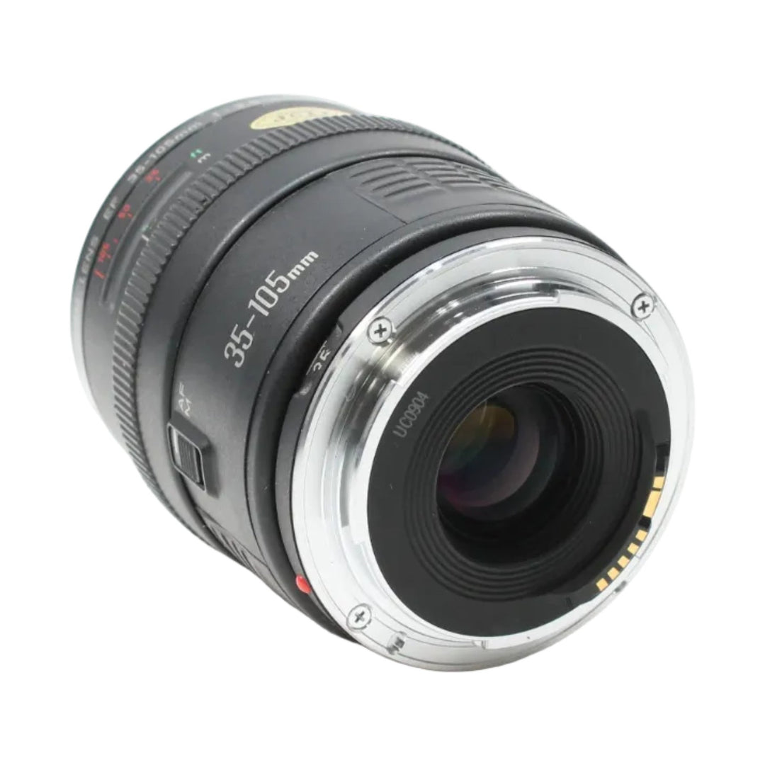 ClubCamera Canon EF 35-105mm f/3.5-4.5 lens side view highlighting gold contacts and silver mount interface