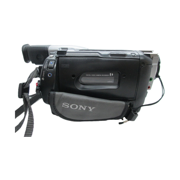 ClubCamera.com black Sony DCR-TRV310 Digital8 Handycam side view with silver accents and shoulder strap