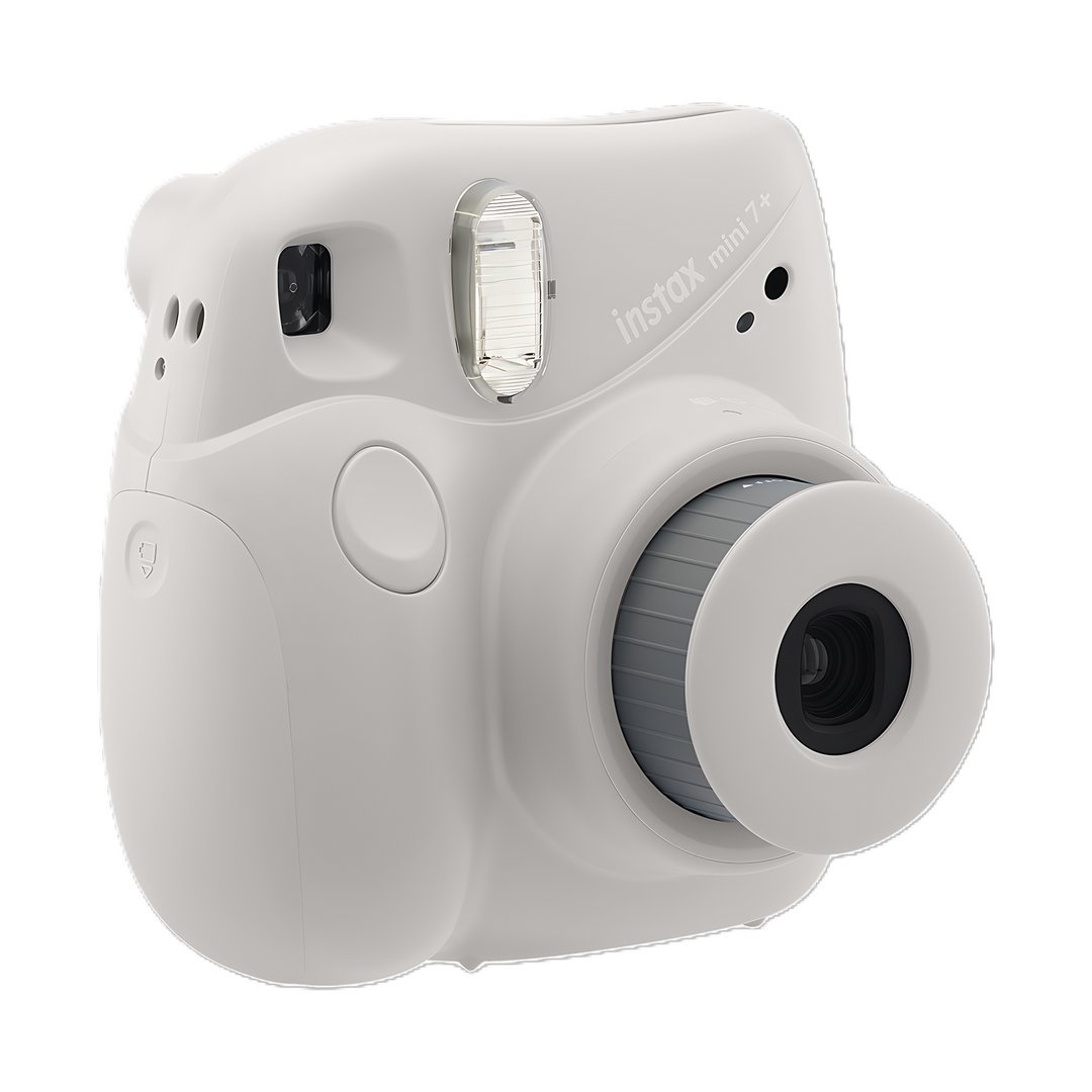 Light gray Fujifilm Instax Mini 7+ front three-quarter angle showing lens ring and flash at ClubCamera.com