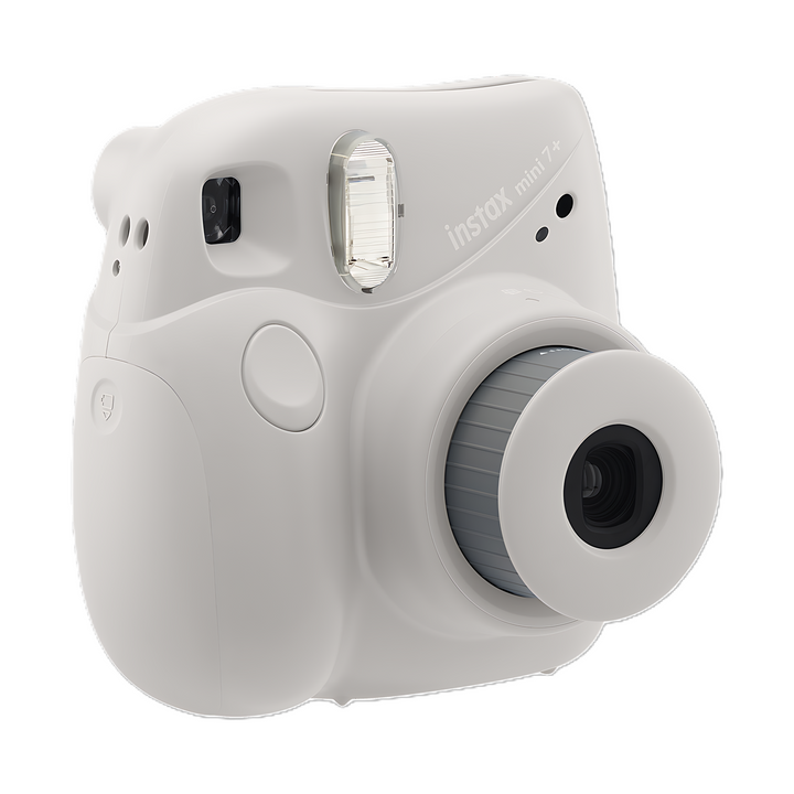 Light gray Fujifilm Instax Mini 7+ front three-quarter angle showing lens ring and flash at ClubCamera.com