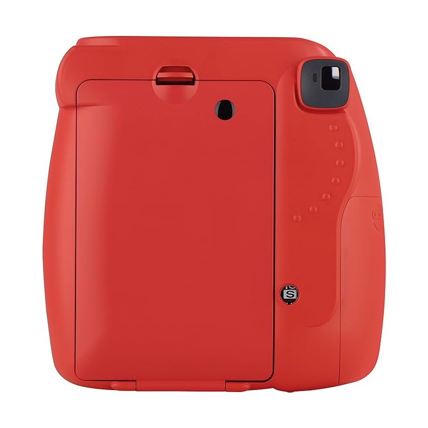 Rear view of ClubCamera.com matte red Fujifilm Instax Mini 8 showing film latch, viewfinder window, and tactile dots