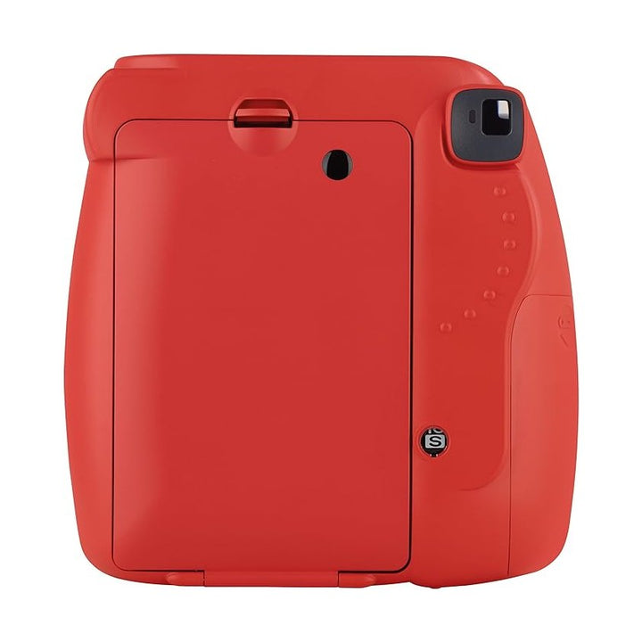 Rear view of ClubCamera.com matte red Fujifilm Instax Mini 8 showing film latch, viewfinder window, and tactile dots