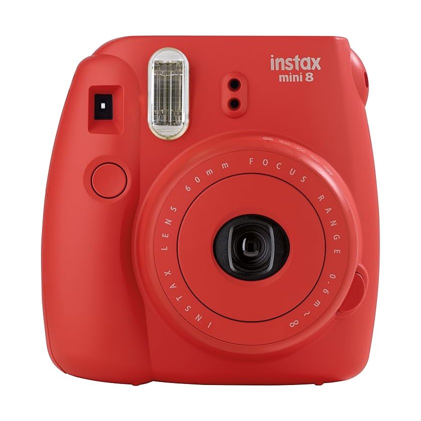 ClubCamera.com front shot of matte red Fujifilm Instax Mini 8 instant camera with 60mm lens assembly and white logo