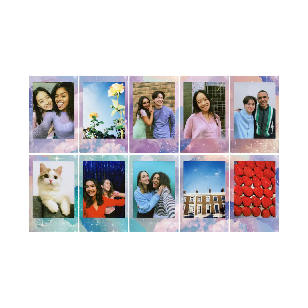ClubCamera.com ten printed Instax Mini Pastel Galaxy photos with soft lavender pink blue galaxy borders and white stars