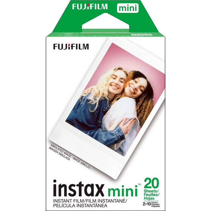 Fujifilm Instax Mini instant film box with green top flap showing sample photo of two smiling women at ClubCamera.com