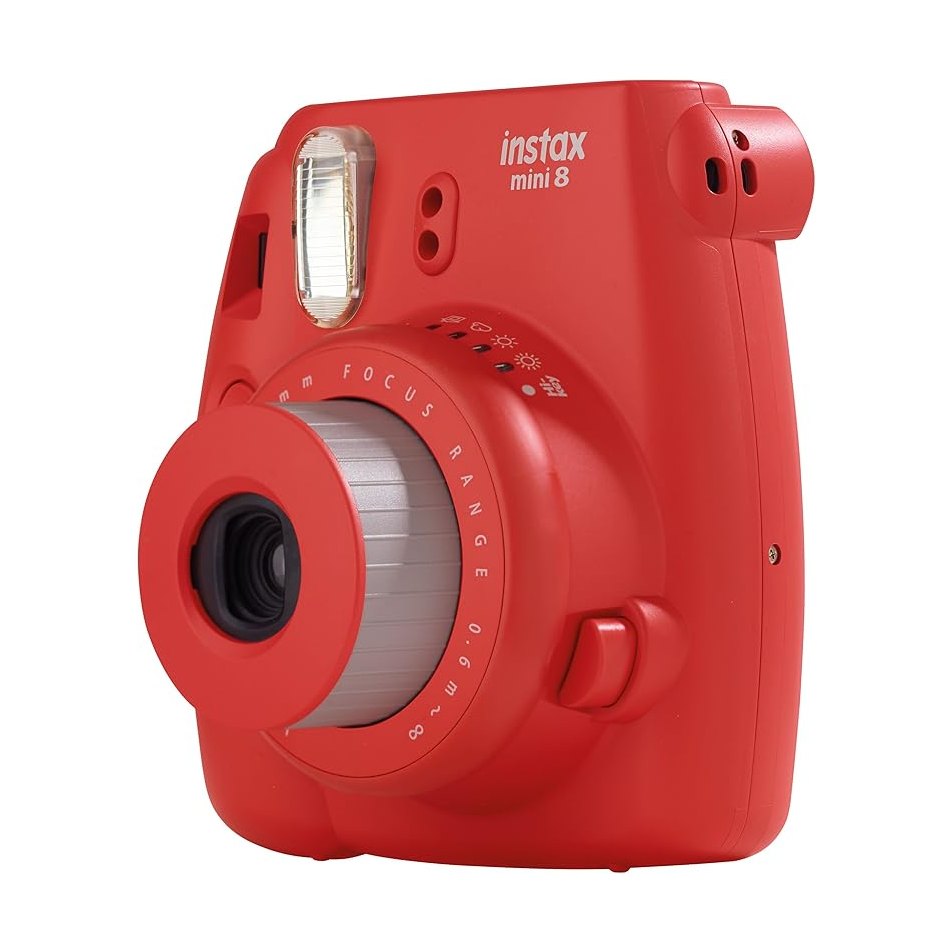 ClubCamera.com matte red Fujifilm Instax Mini 8 instant camera with silver engraved focus ring and textured grip