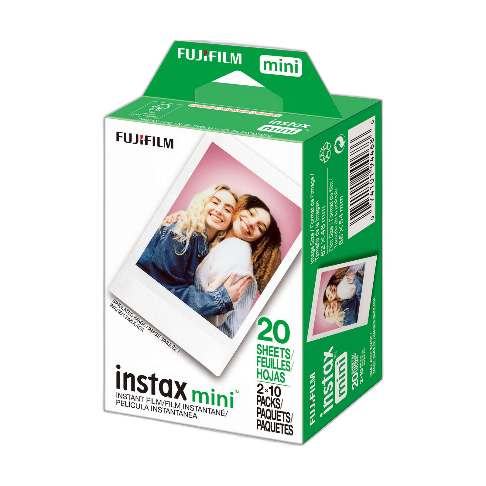Rear view of Fujifilm Instax Mini 20-sheet film pack displaying barcode and dimensions at ClubCamera.com