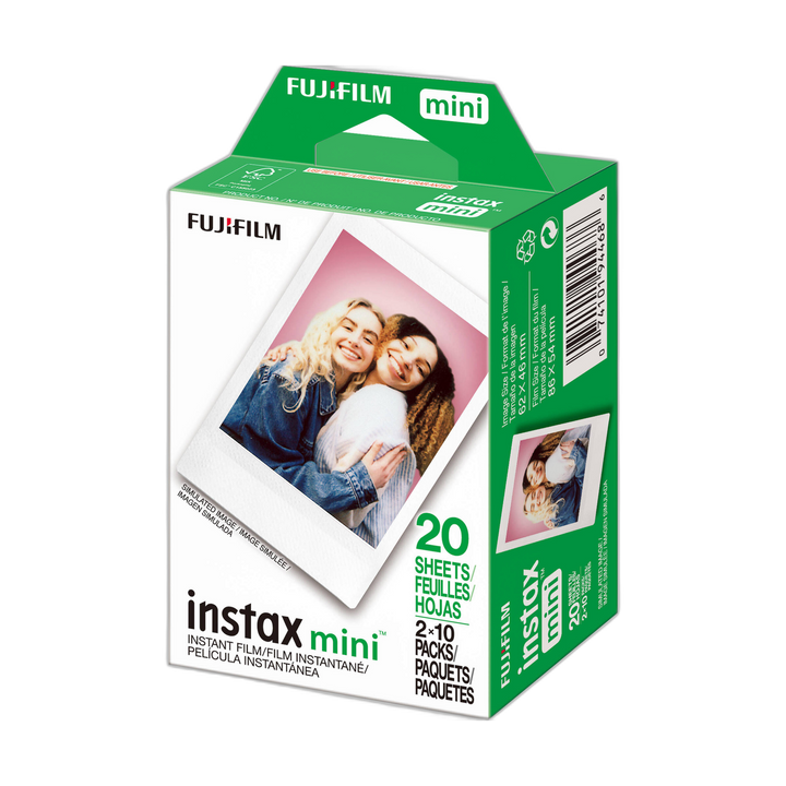 Rear view of Fujifilm Instax Mini 20-sheet film pack displaying barcode and dimensions at ClubCamera.com