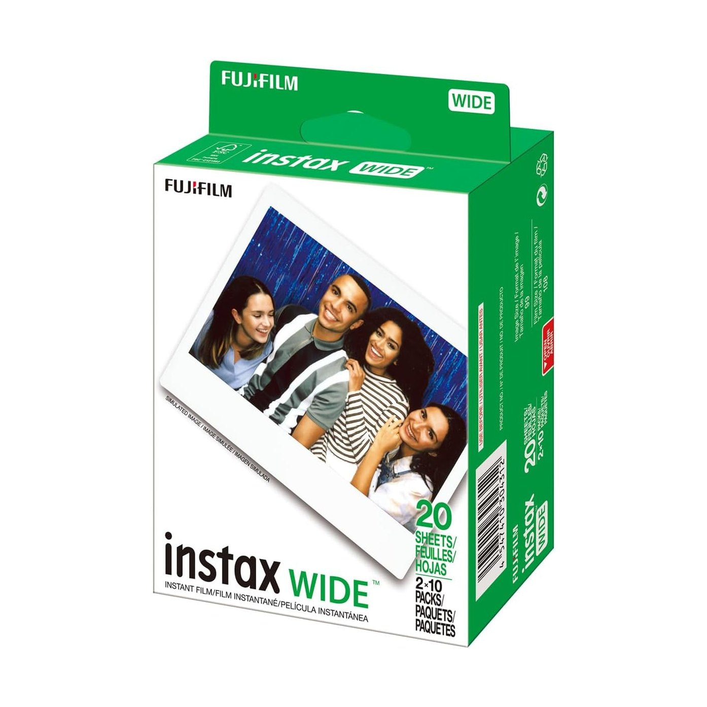 Side view Fujifilm Instax Wide film box showing barcode and matte cardboard texture ClubCamera.com