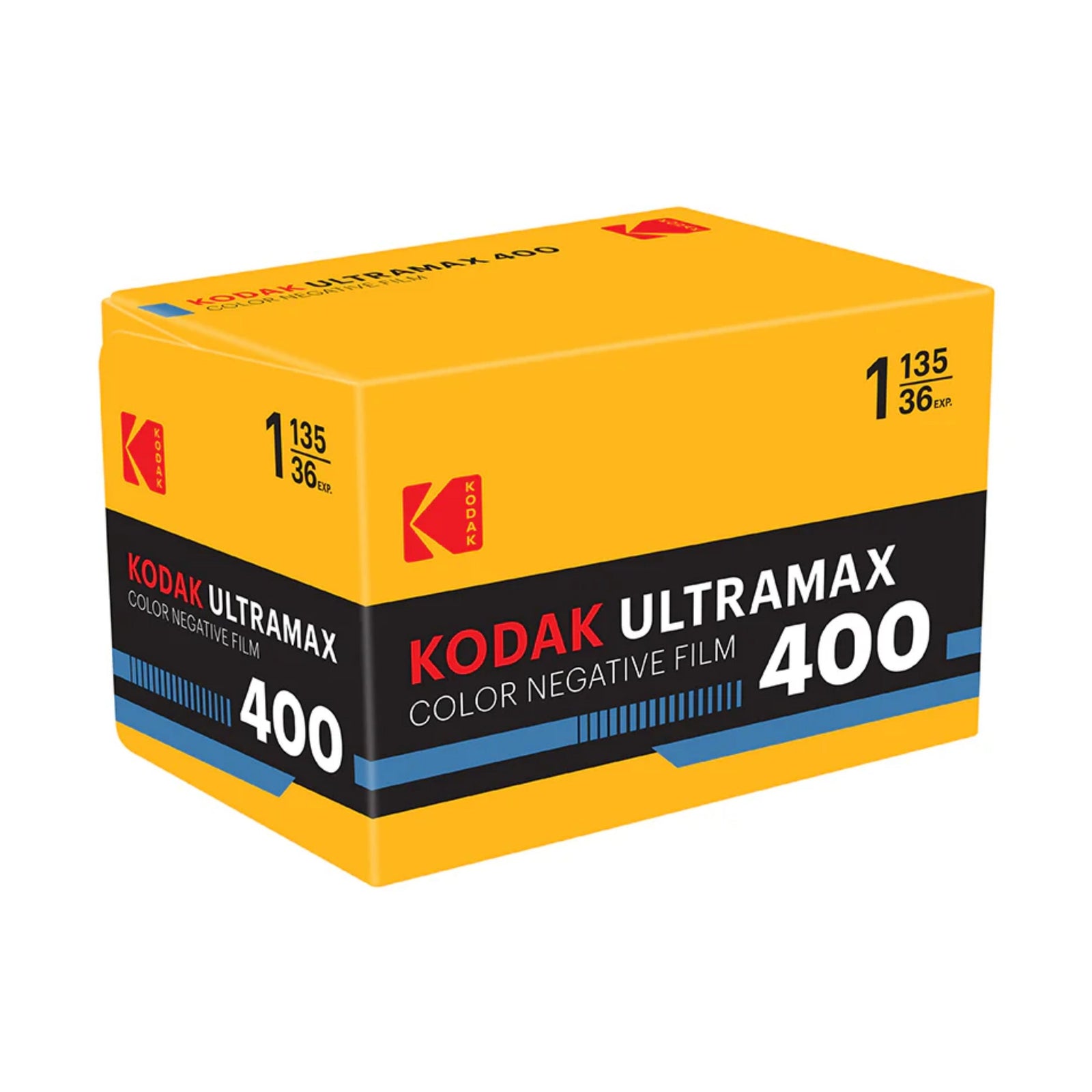 Kodak Ultramax 400 Color Negative Film 35mm retail box by ClubCamera.com with yellow and black packaging
